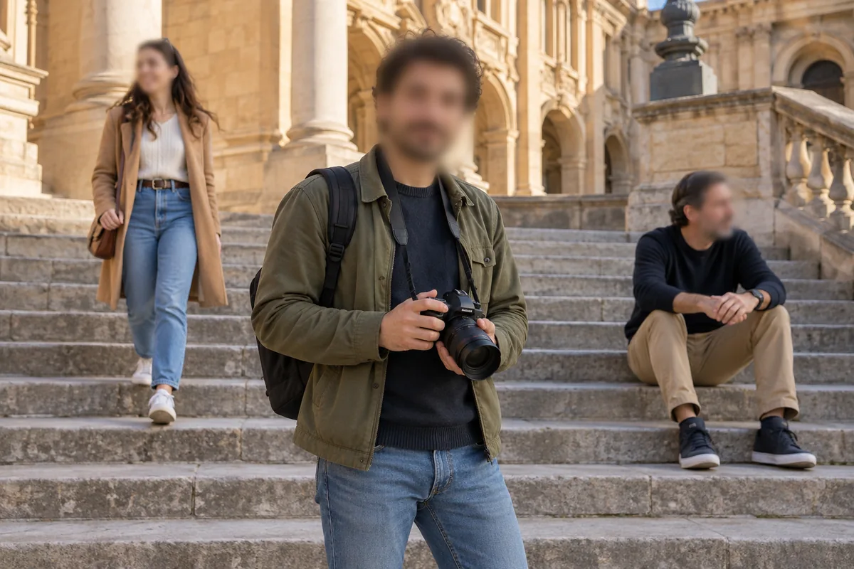 Generated sample photo · Redact background bystanders · Face blur — BlurMe Studio