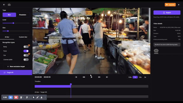 BlurMe interface displaying video upload options, blur intensity slider, and a preview section for applying blur effects to videos