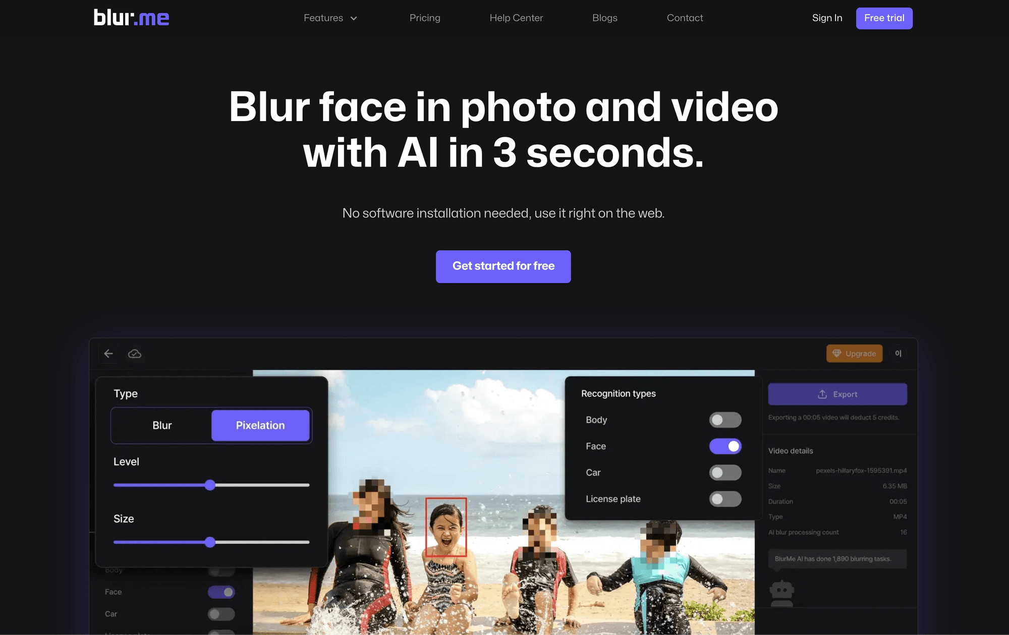 BlurMe website interface to quickly and easily blur a video