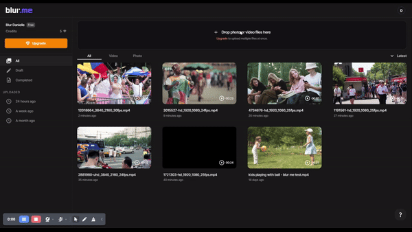 BlurMe interface displaying video upload options